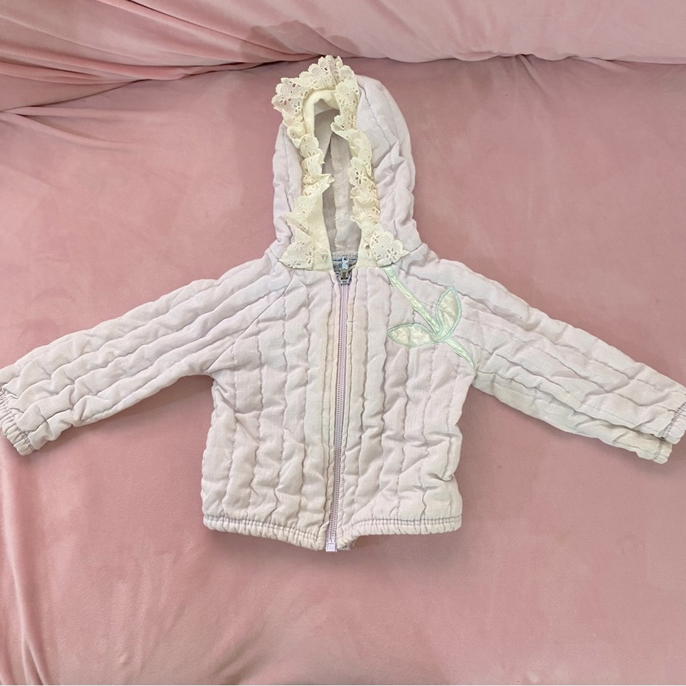 Vintage Baby Coat Zip Up with Lace Hood Pastel Lavender 1980’s Jacket